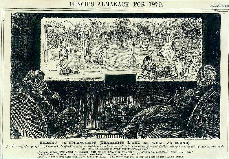 George du Mauriers illustration från 1879 i tidskriften Punch föreställande Thomas Edisons telephonoscope.