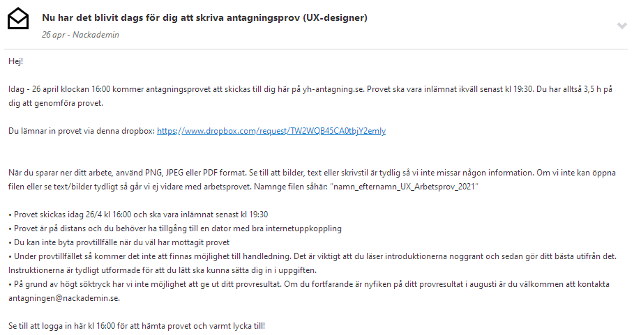 Instruktioner för antagningsprovet för UX-designer vid Nackademin.
